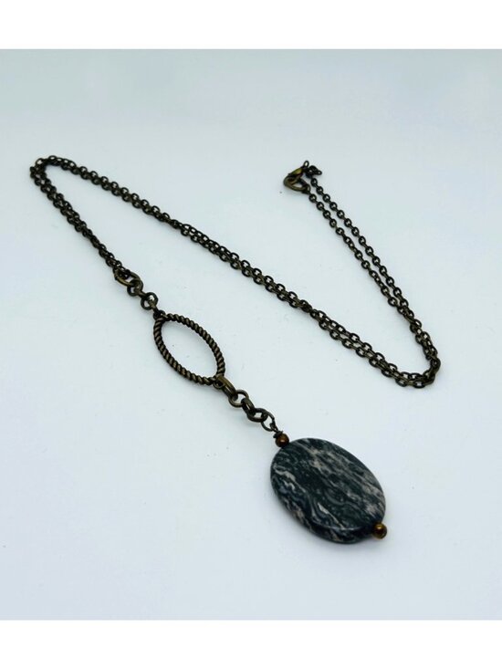 Unknown Jewelry - Modernist Bronze Color Jasper Agate Pendant Necklace Chain Oval Bohemian Gothic